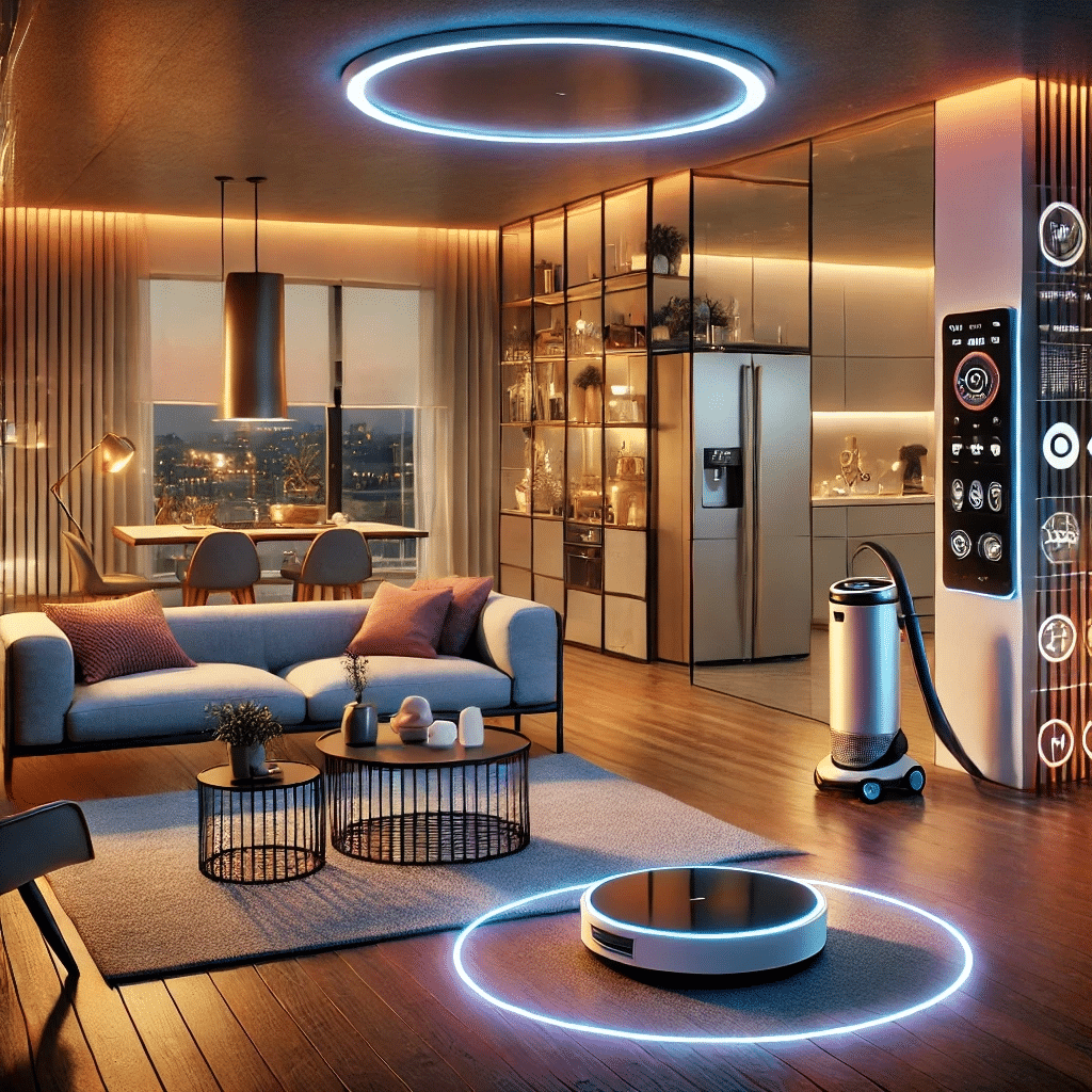 A modern smart home interior showcasing advanced smart home technology. The living room has sleek minimalist furniture, and visible smart devices