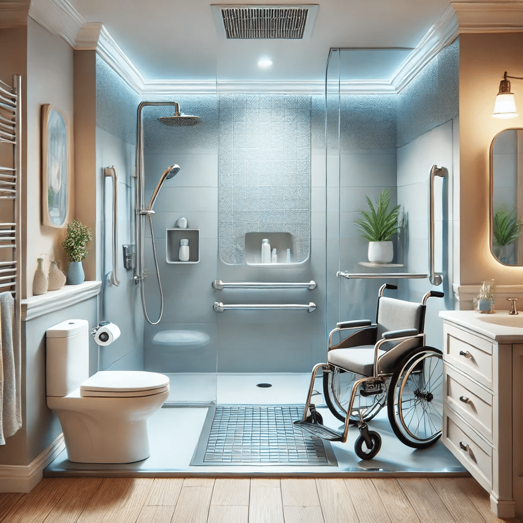 An upgraded bathroom designed for accessibility. It features a walk-in shower with grab bars, a built-in shower seat, and non-slip flooring.